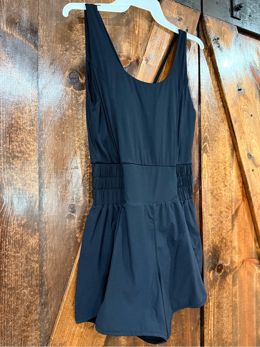 Mono B Black Sleeveless Romper with Smocked Sliming Waist Detail